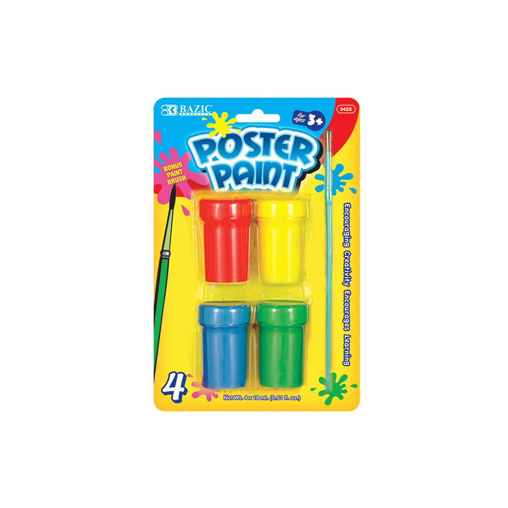 24 Units of 4 Color 18ml Poster Paint W/ Brush Paint, Brushes
