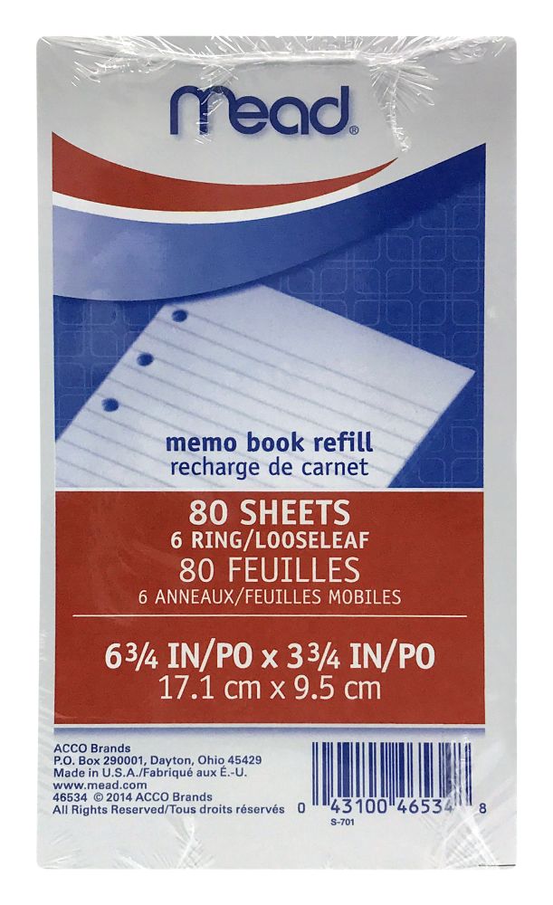 12 Units of Mead Memo Book Refill Pages, LooseLeaf Paper at