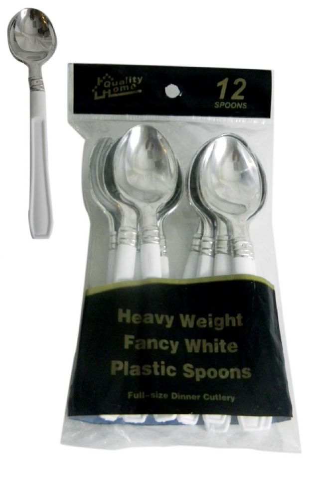48 Units of Silver Coated Plastic Spoon With White Handle 12 Count