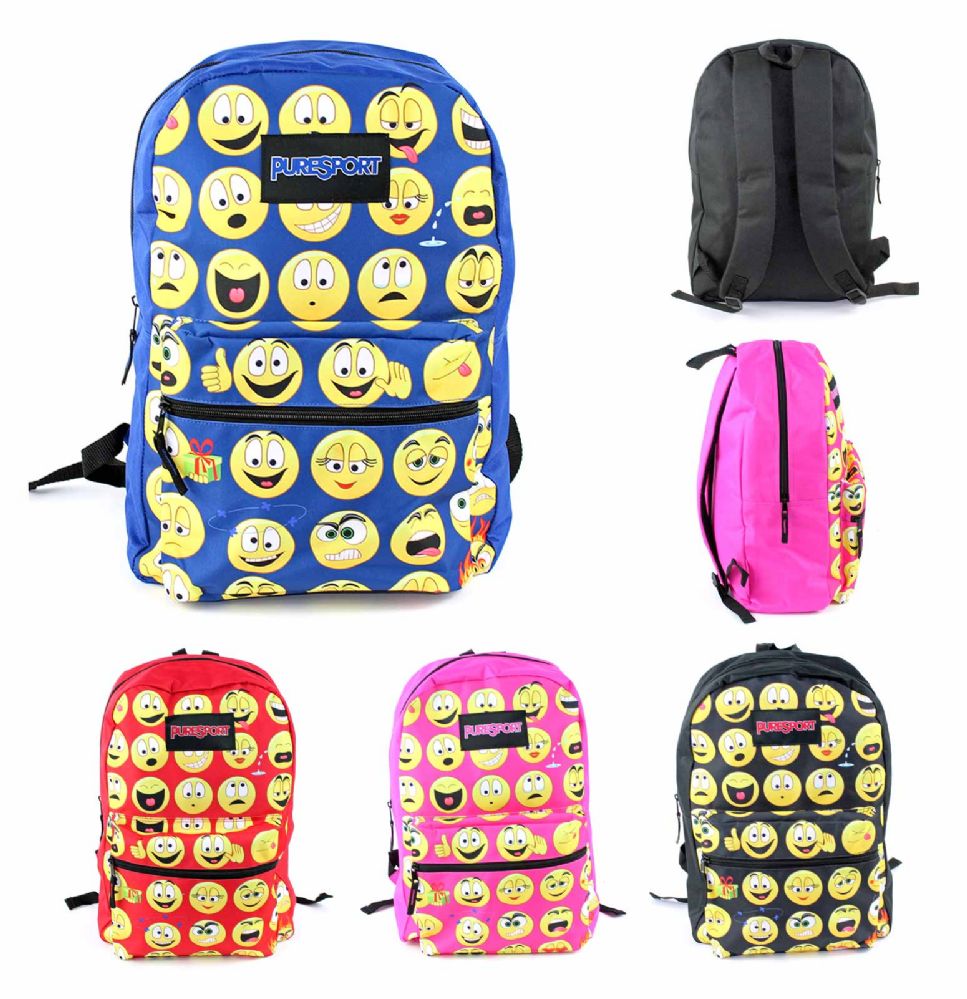 12 Units of 17" Classic Puresport Emoji Print Backpacks Assorted