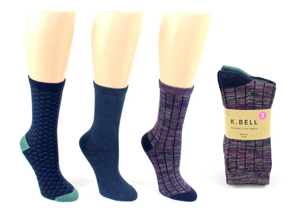 8 Units of Women's Designer Crew Socks by K. Bell Ribbed, Solid