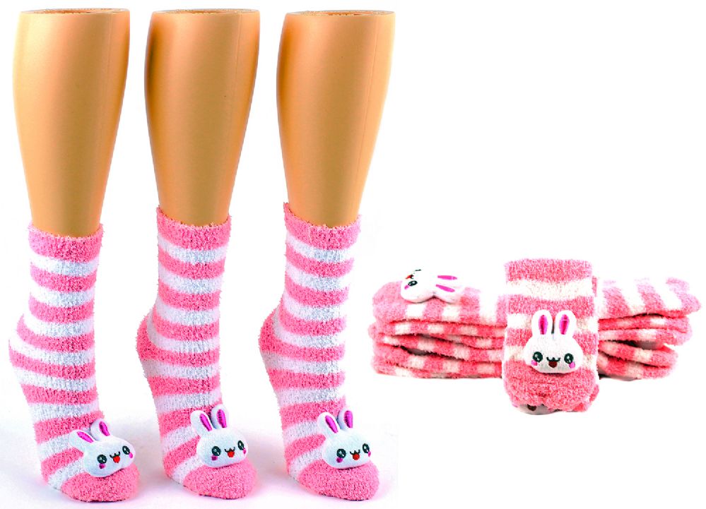 24 Units of Women's Fuzzy Crew Socks With 3D Bunny Size 911