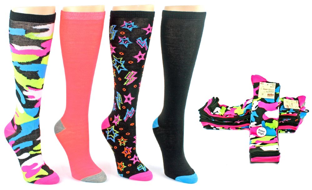 6 Units of Women's Knee High Novelty Socks Assorted Neon Prints