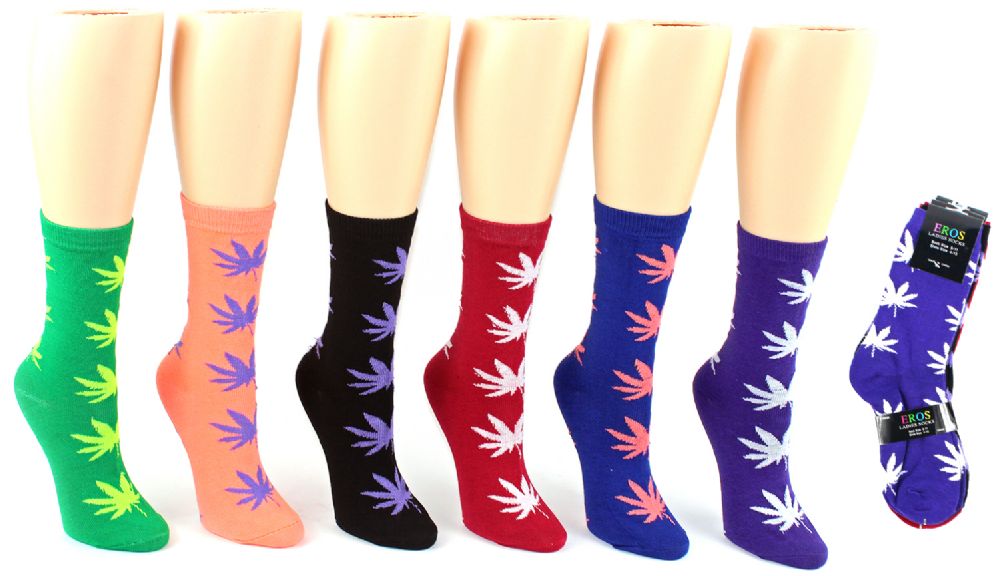 24 Units of Women's Novelty Crew Socks Marijuana Leaf Print Size 9
