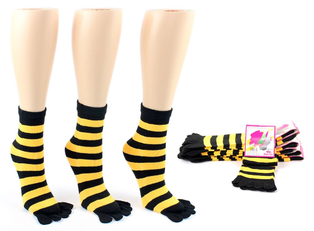 24 Units of Women's Toe Socks Black & Gold Striped Print Size 911