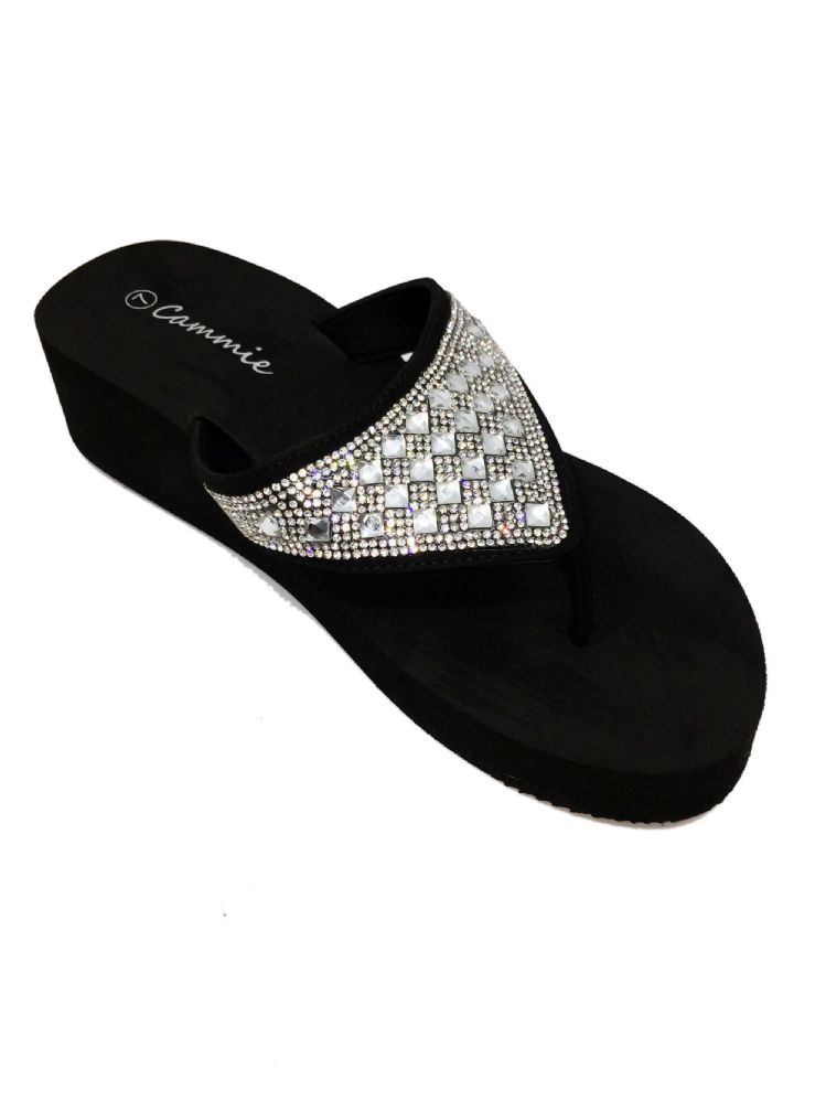 18 Units of Cammie Double Wedge Sandals With Rhinestones In Black