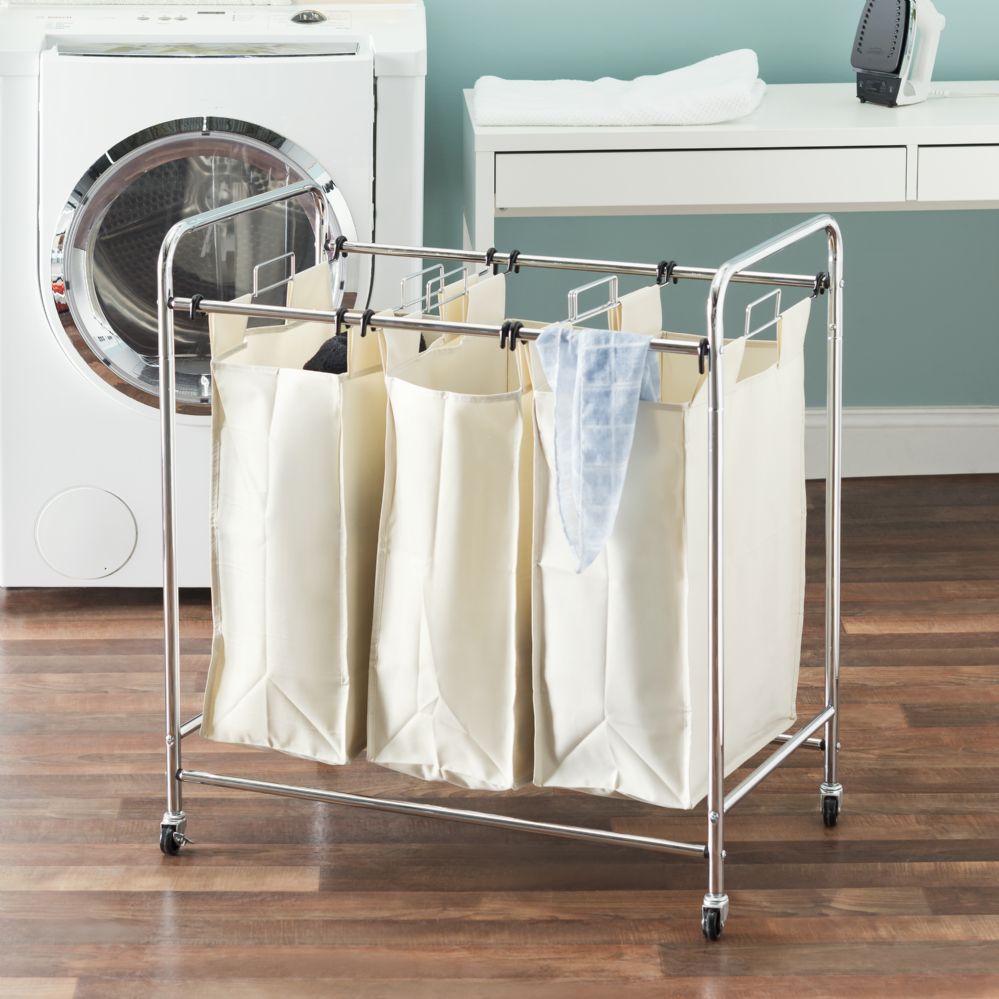 4 Units of Home Basics Triple Rolling Canvas Laundry Sorter, Natural