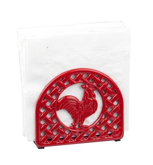 6 Units of Home Basics Cast Iron Rooster Napkin Holder, Red Napkin