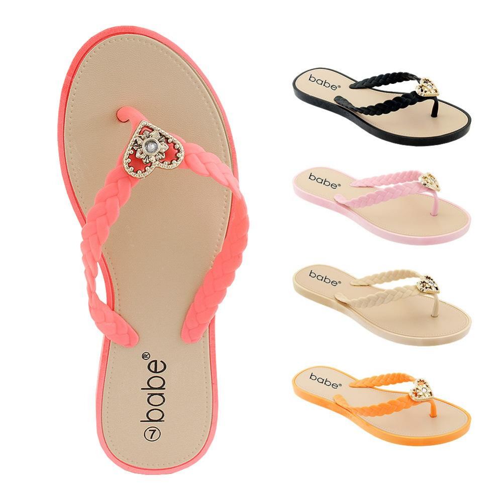 60 Units of Women's Flip Flop With Braided Straps And Crystal Heart