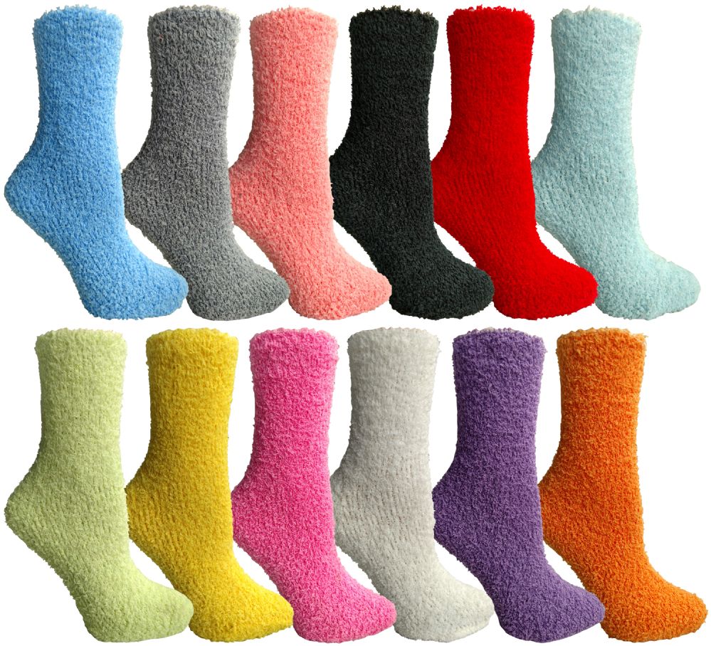 144 Units of Women's Solid Colored Fuzzy Socks Assorted Colors, Size 9