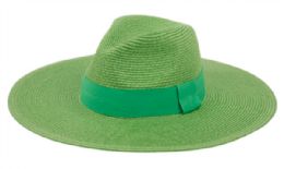 24 Units of Big Brim Panama Style Fedora Hats With Band In Lime Green